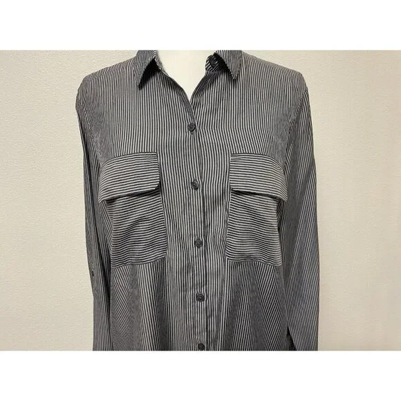 Express Womens Blouse Size Md Button Up Roll Tab Sleeve Grey/White Stripe - Picture 2 of 14